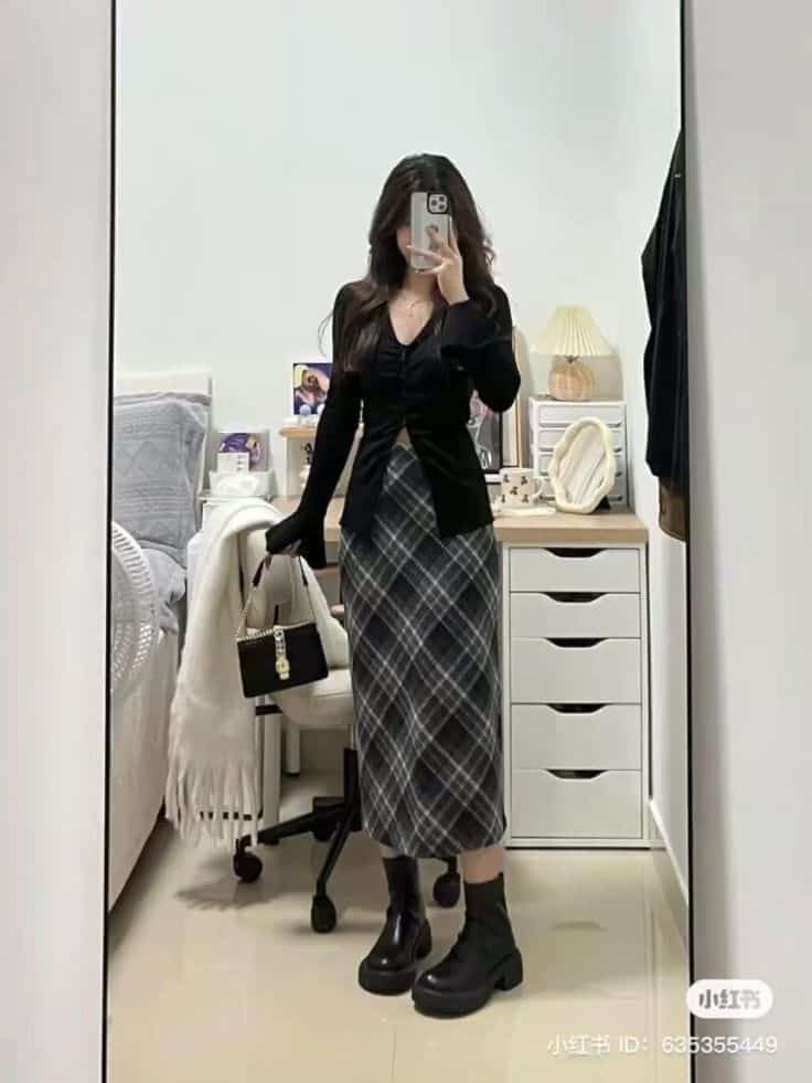 Plaid Skirt and Black Cardigan Combo