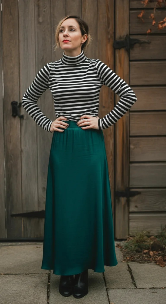 Striped Turtleneck and Solid Maxi