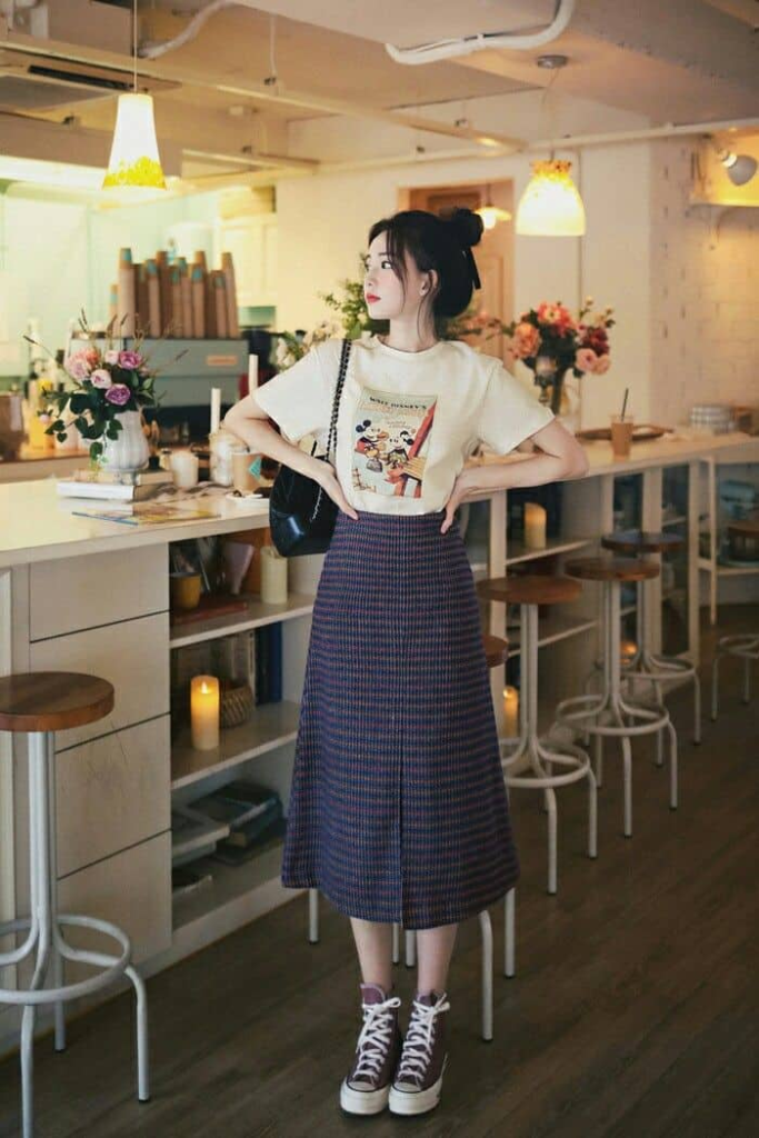 Vintage Tee and Plaid Midi Skirt