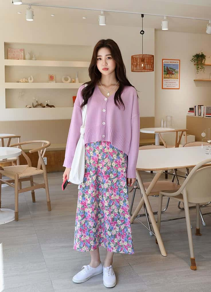 Lilac Cardigan and Floral Midi Skirt