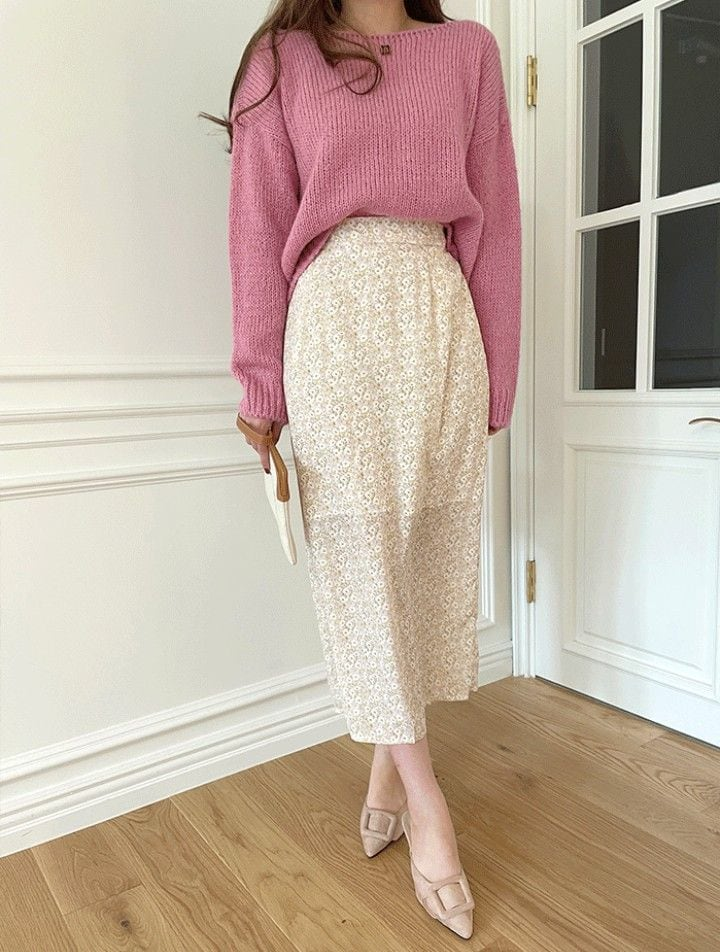 Pink Sweater and Floral Midi Skirt