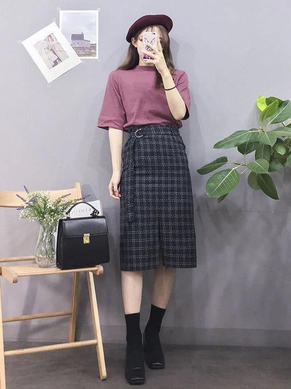 Plaid Midi Skirt Meets Burgundy Beret