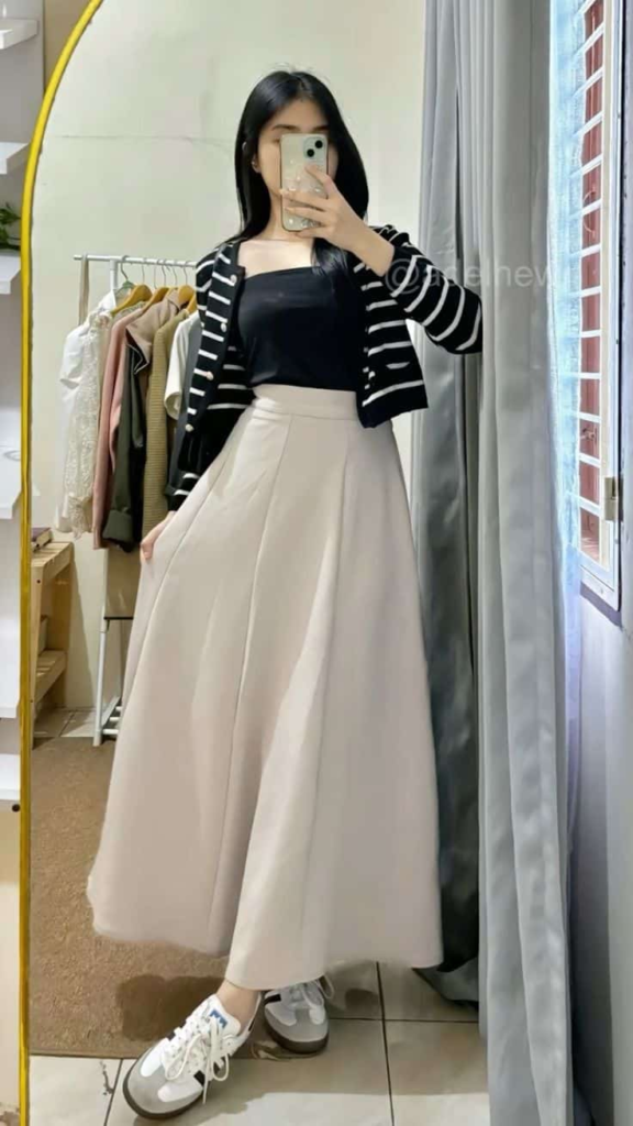 Elegant Midi Skirt with Striped Cardigan