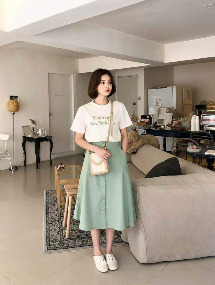 Striped Polo and Denim Midi Skirt