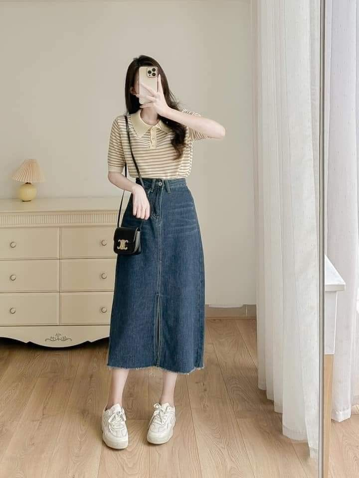 Striped Polo and Denim Midi Skirt