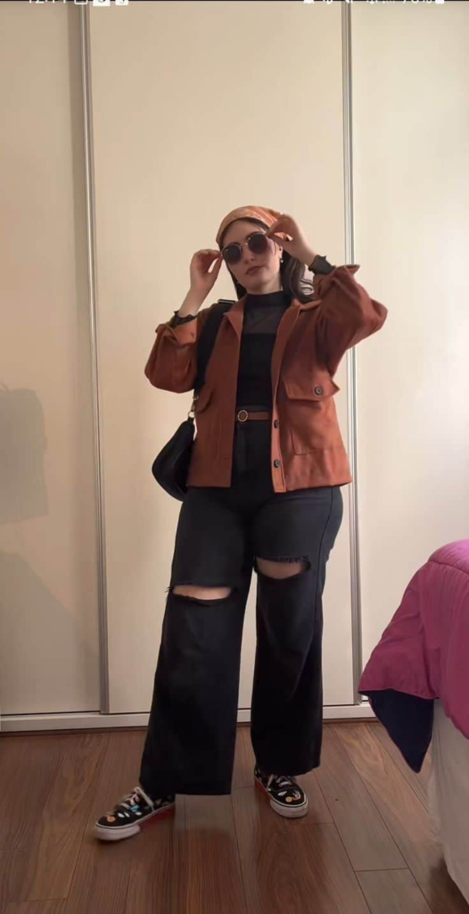 Edgy Rust Jacket and Wide-Leg Jeans