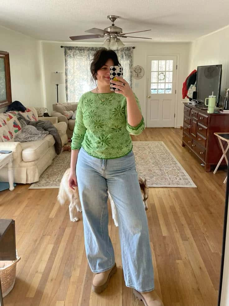 Floral Green Top with Wide-Leg Jeans