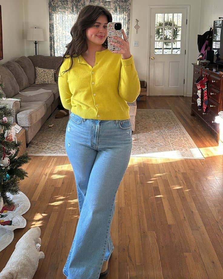 Sunny Yellow Cardigan and Wide-Leg Jeans