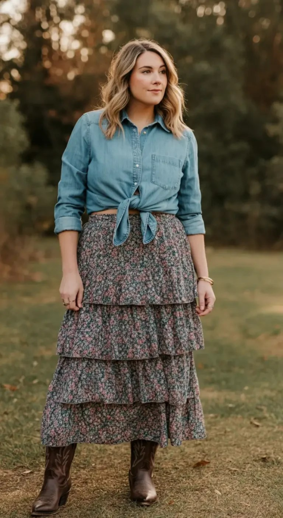 Denim Button-Up and Tiered Maxi