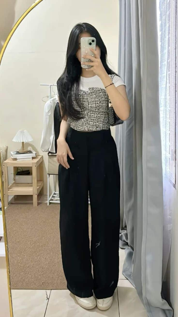Tweed Corset Top with Wide-Leg Pants