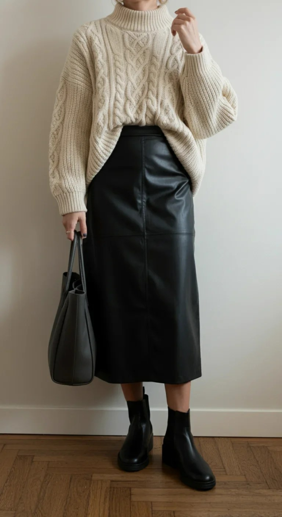 Leather Midi with Chunky Knit