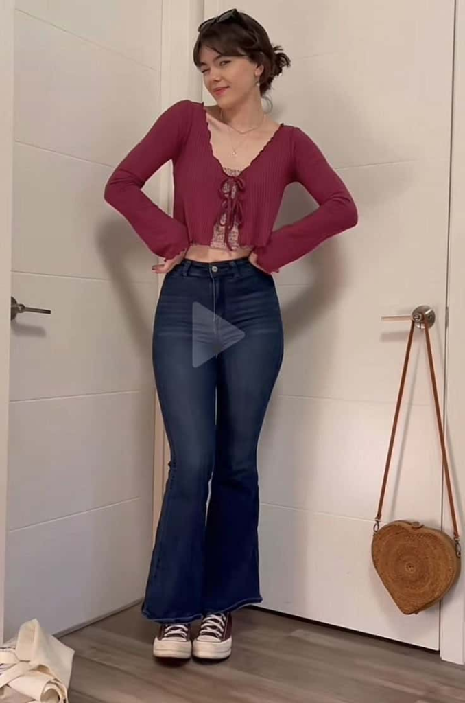 Burgundy Crop Top and Flared Jeans