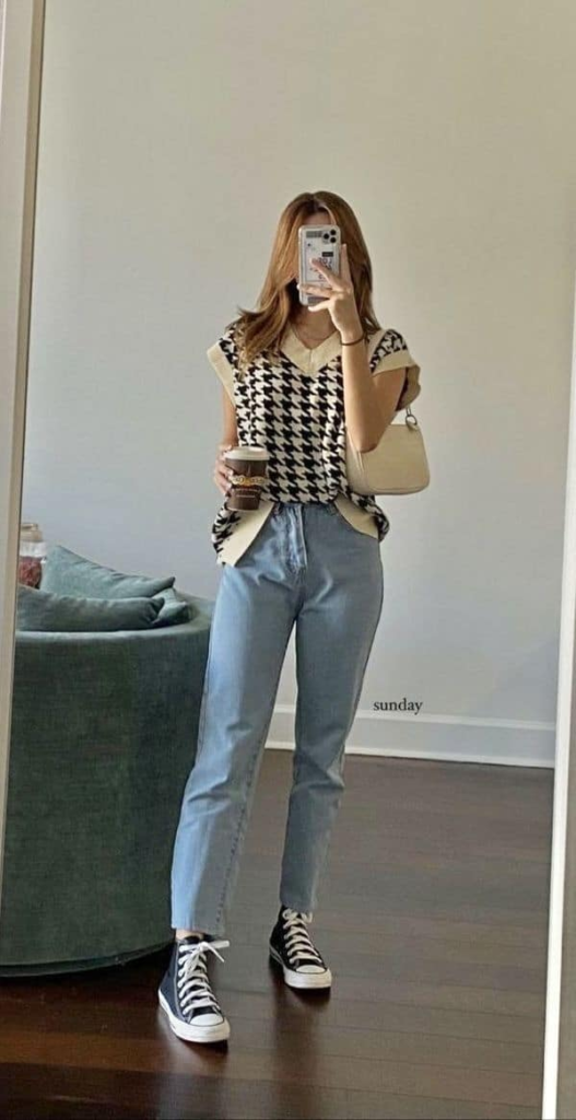 Chic Houndstooth and Denim Combo