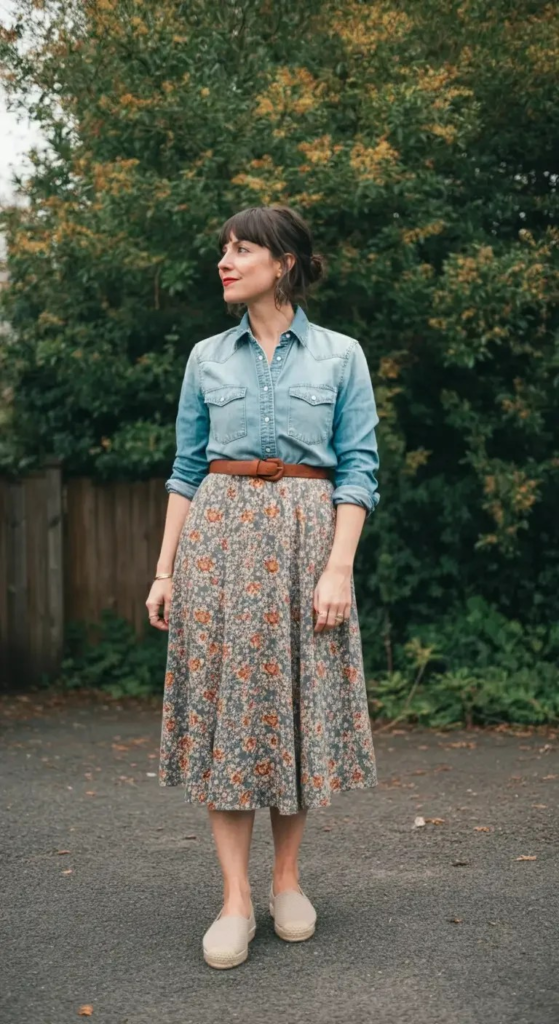Floral Midi with Denim Shirt