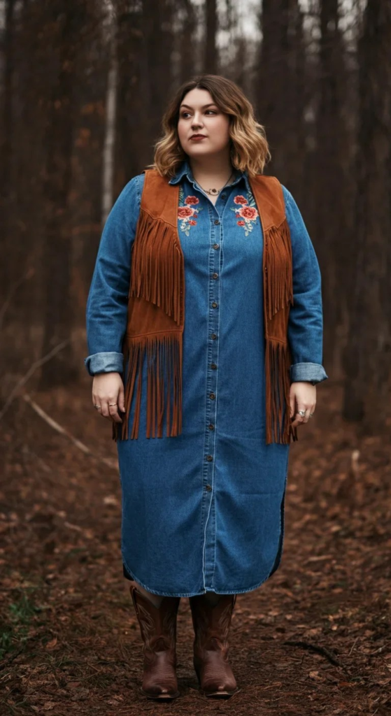 Embroidered Denim Dress with Fringe Vest