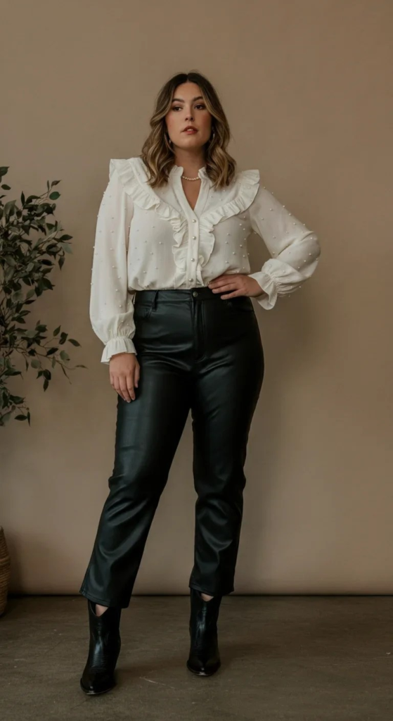 High-Rise Leather Pants and Ruffled Blouse