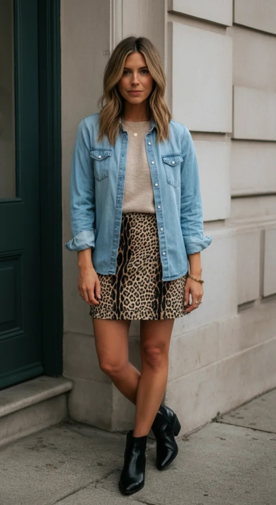 Denim Shirt and Printed Mini