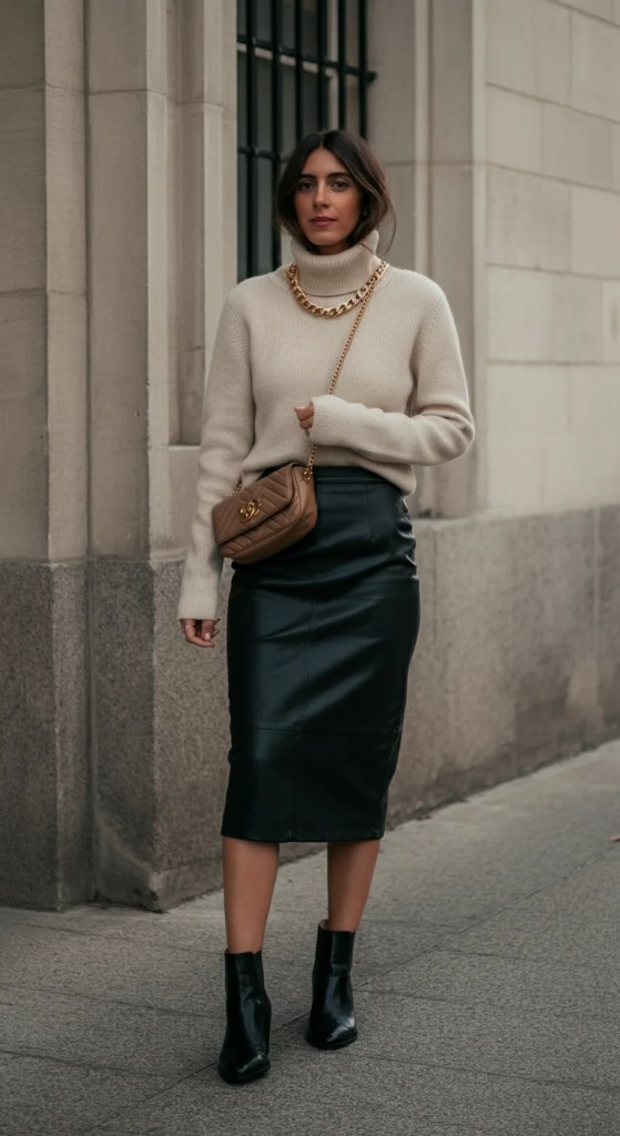 Leather Pencil Skirt with Cashmere Turtleneck