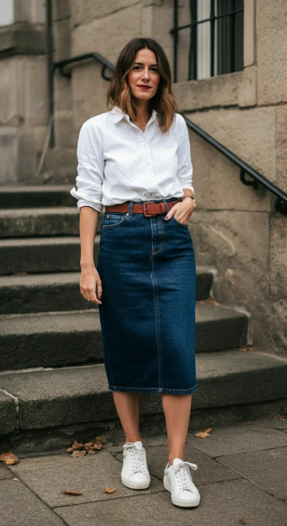 Denim Pencil Skirt with White Oxford