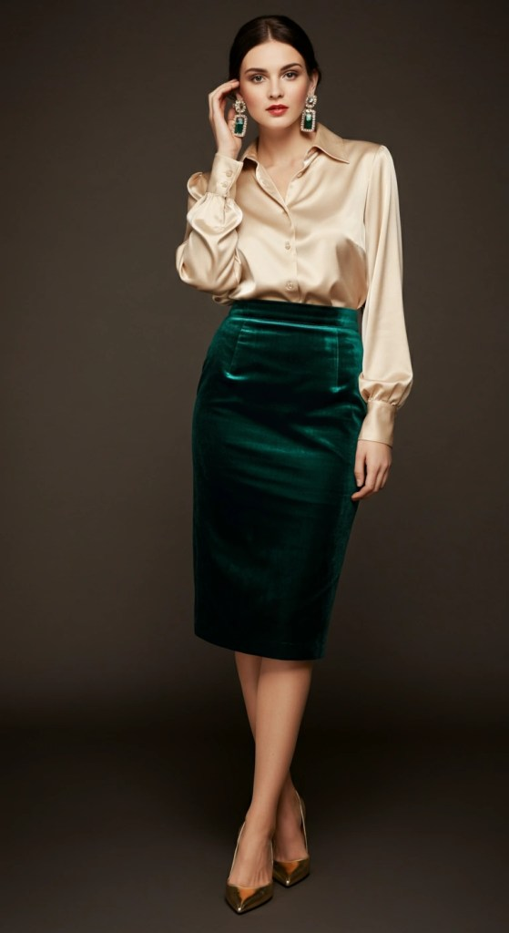 Velvet Pencil Skirt with Satin Blouse