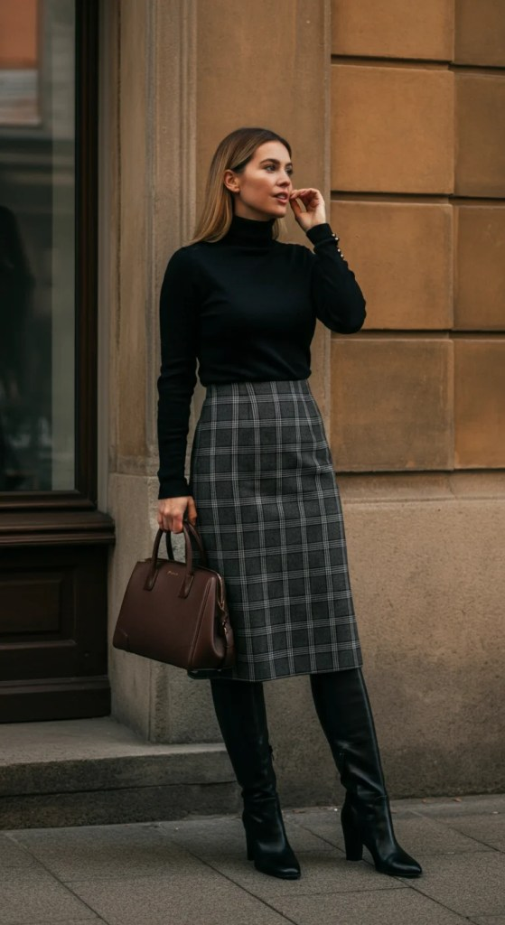 Classic Turtleneck and Knee-Length Plaid
