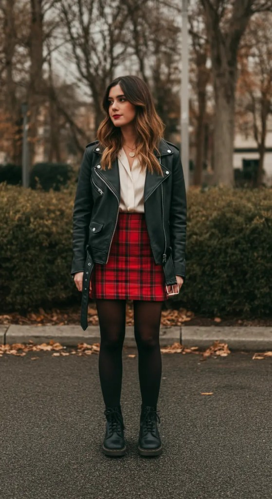 Leather Jacket and Mini Plaid Contrast