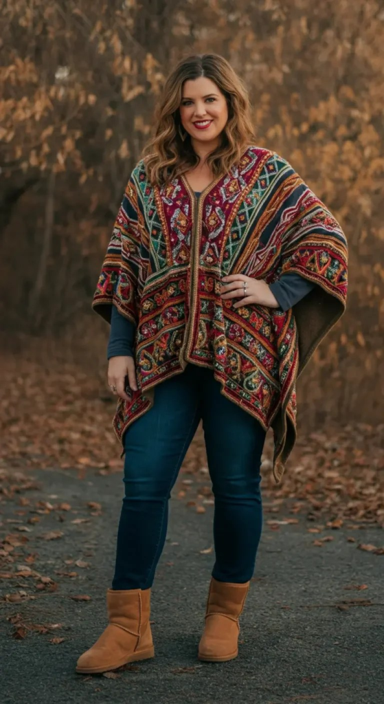 Embellished Poncho and Fitted Jeans