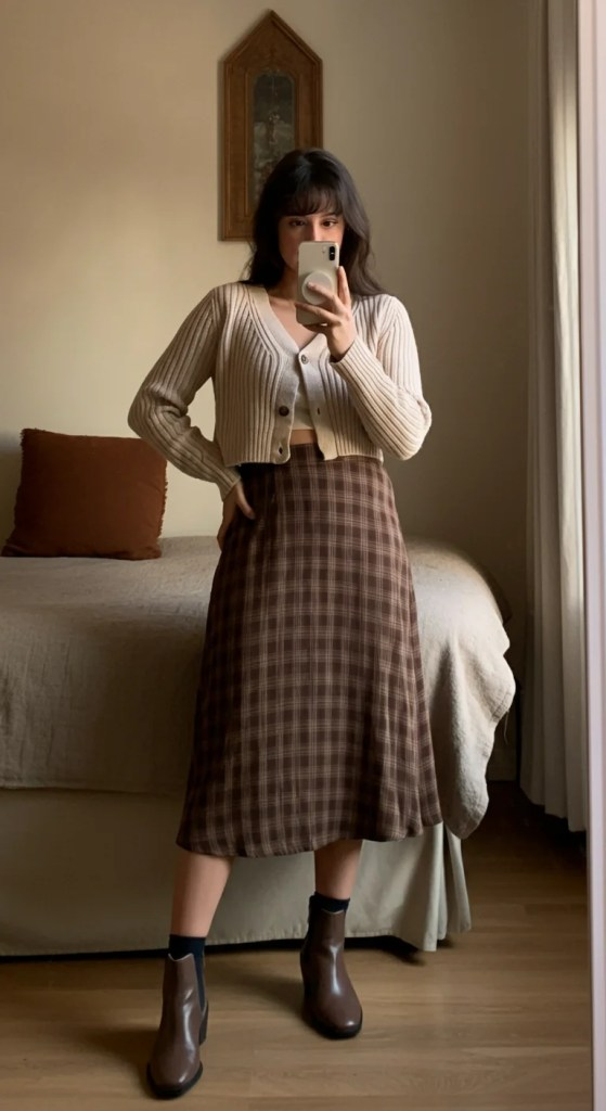 Cropped Cardigan and High-Waisted Plaid