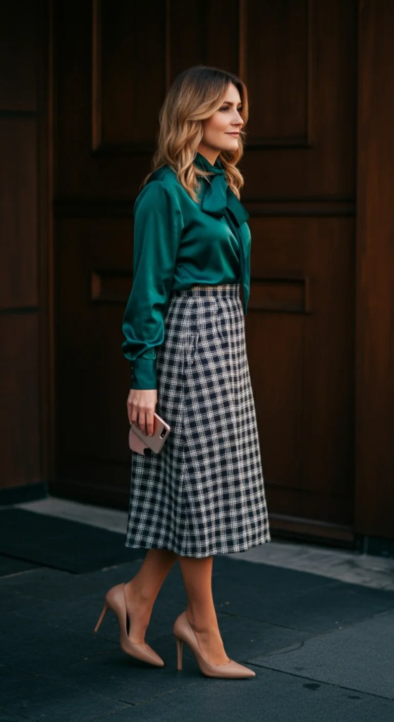 Silk Blouse and Midi Plaid