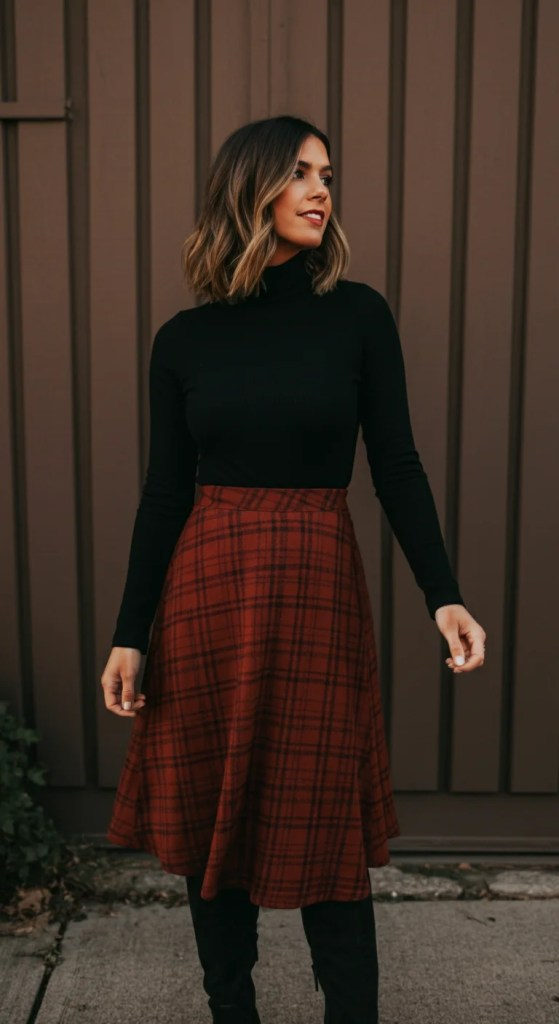 Turtleneck Bodysuit and A-Line Plaid