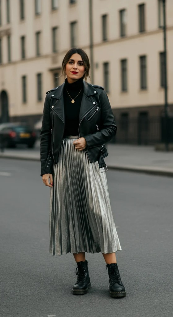 1. Leather Jacket and Metallic Pleated Skirt
