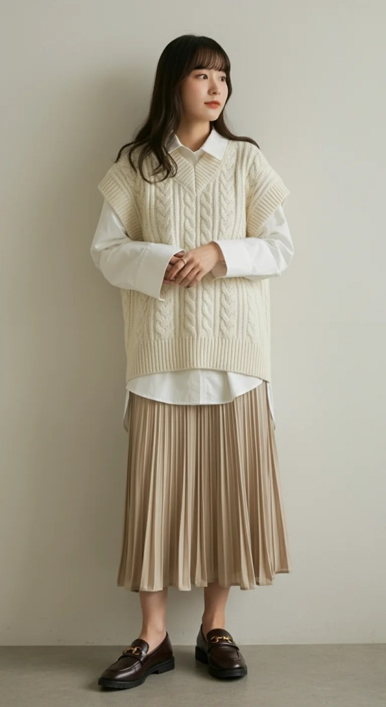 2. Oversized Sweater Vest and Midi Pleated Skirt