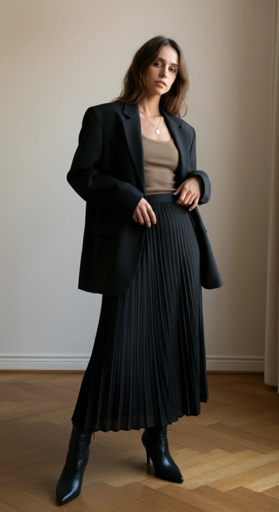 4. Oversized Blazer and Pleated Maxi Skirt
