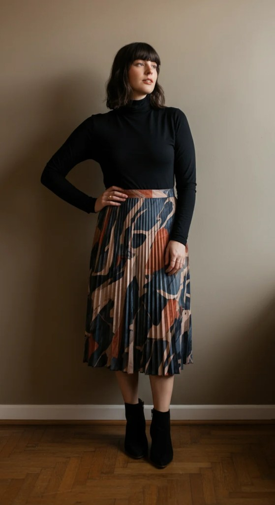 5. Turtleneck Bodysuit and Printed Pleated Skirt