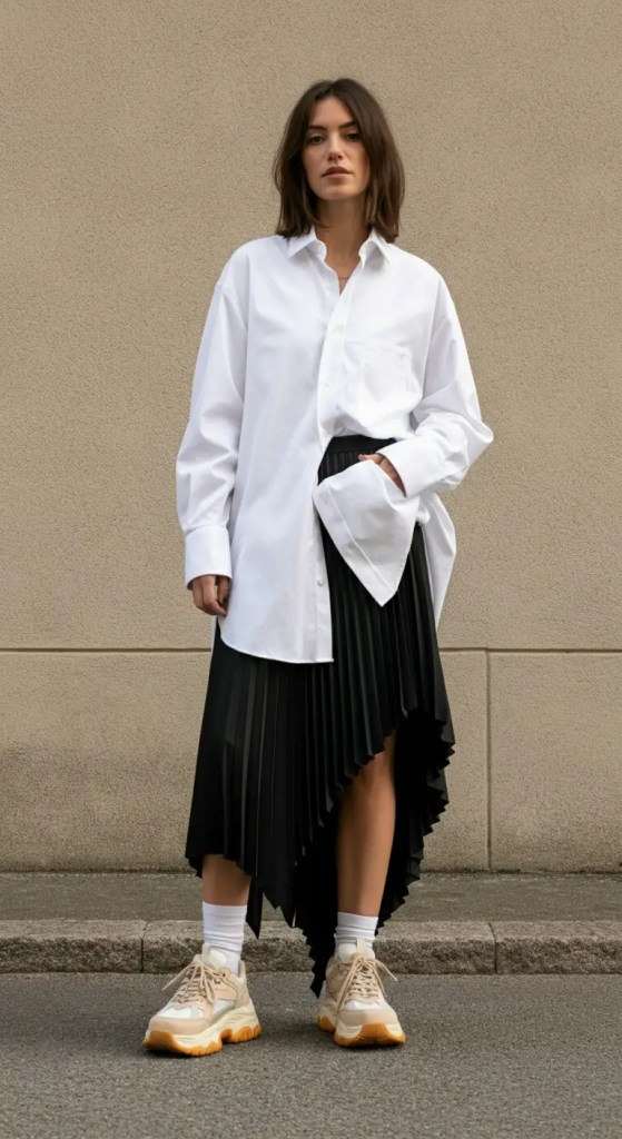 7. Button-Down and Asymmetric Pleated Skirt