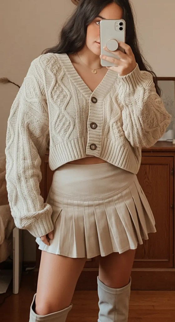 8. Cropped Cardigan and Mini Pleated Skirt