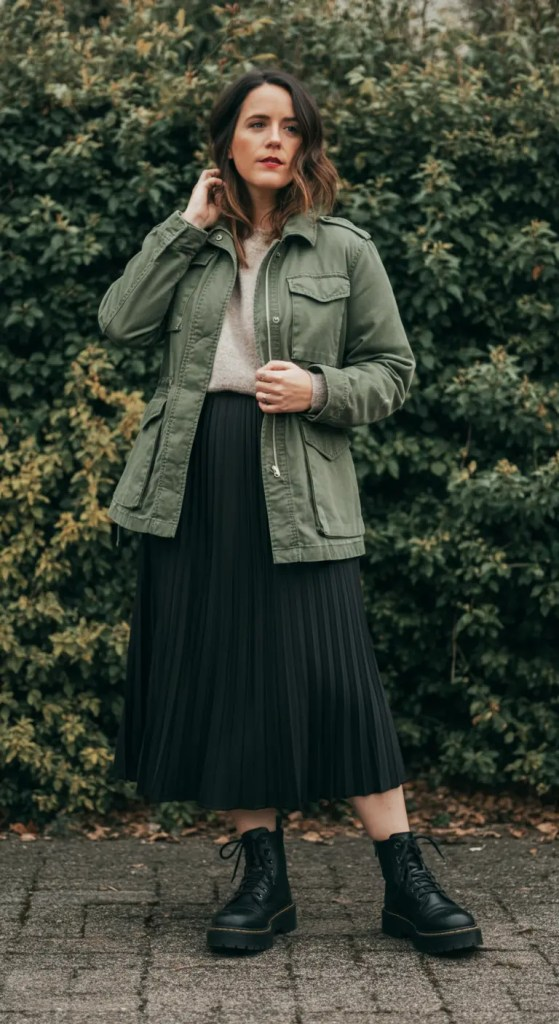 9. Utility Jacket and Pleated Midi Skirt