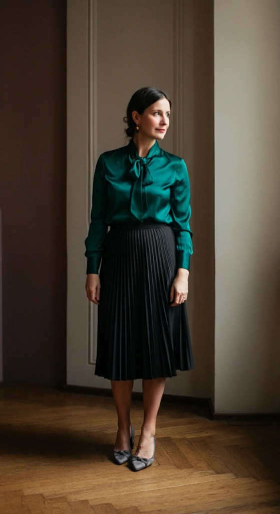 11. Silk Blouse and Knife-Pleated Skirt