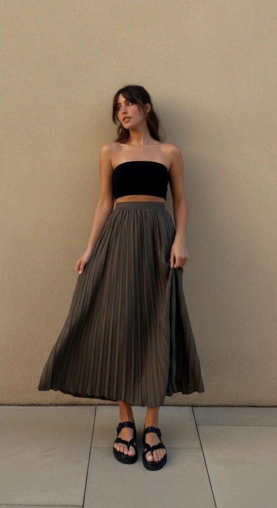 12. Bandeau Top and High-Waisted Pleated Skirt
