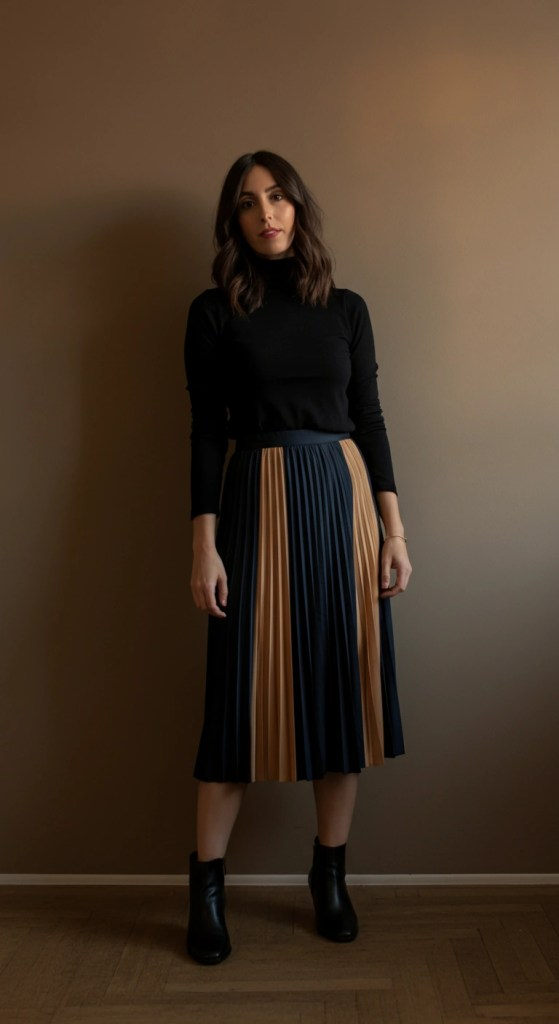 13. Fitted Turtleneck and Colorblock Pleated Skirt