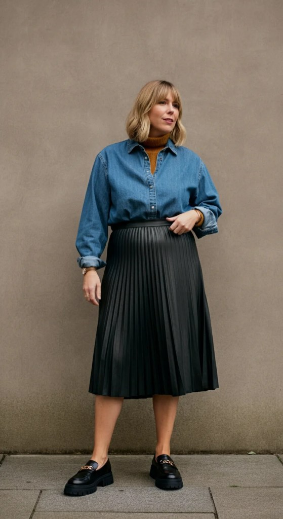 14. Denim Shirt and Pleated Leather Skirt