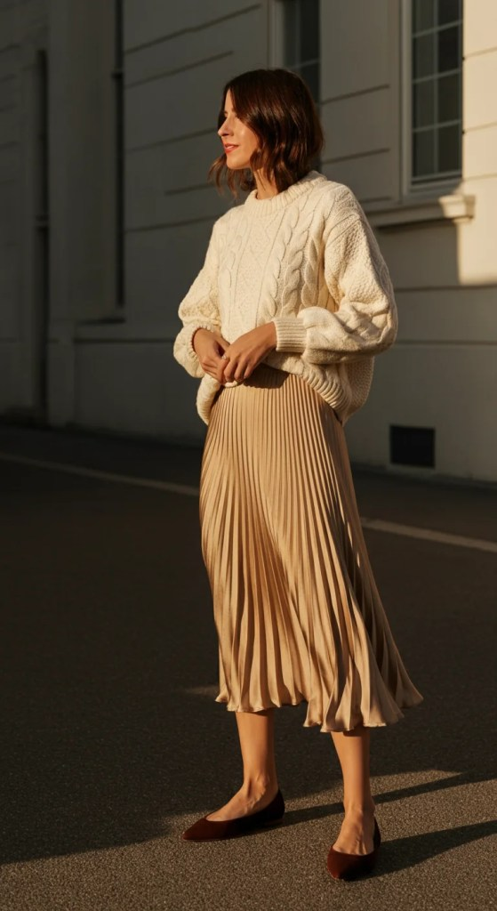 15. Cable Knit and Pleated Silk Skirt