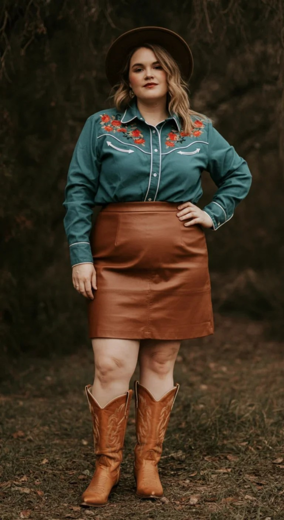 Embroidered Western Shirt and Leather Skirt
