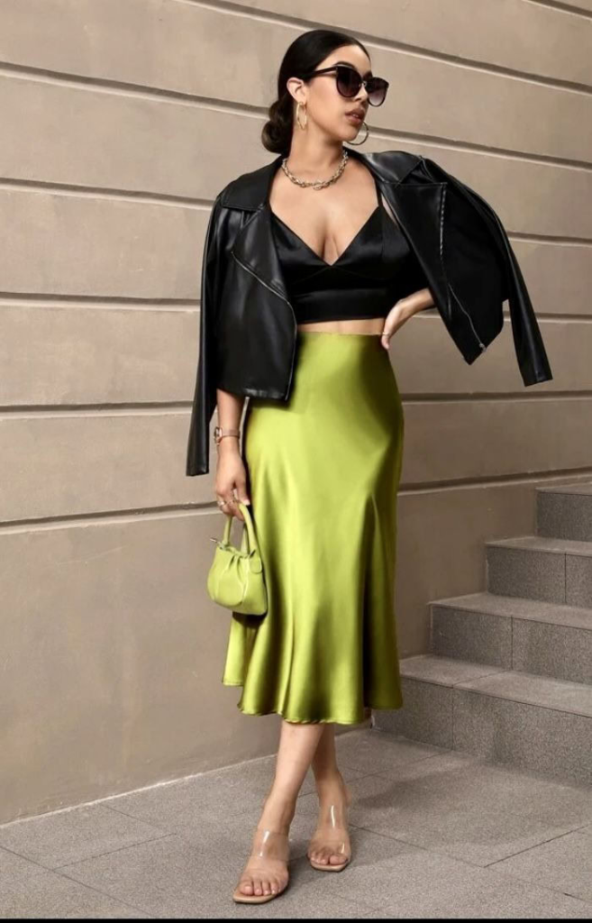 Neon Satin Skirt with Edgy Leather Jacket