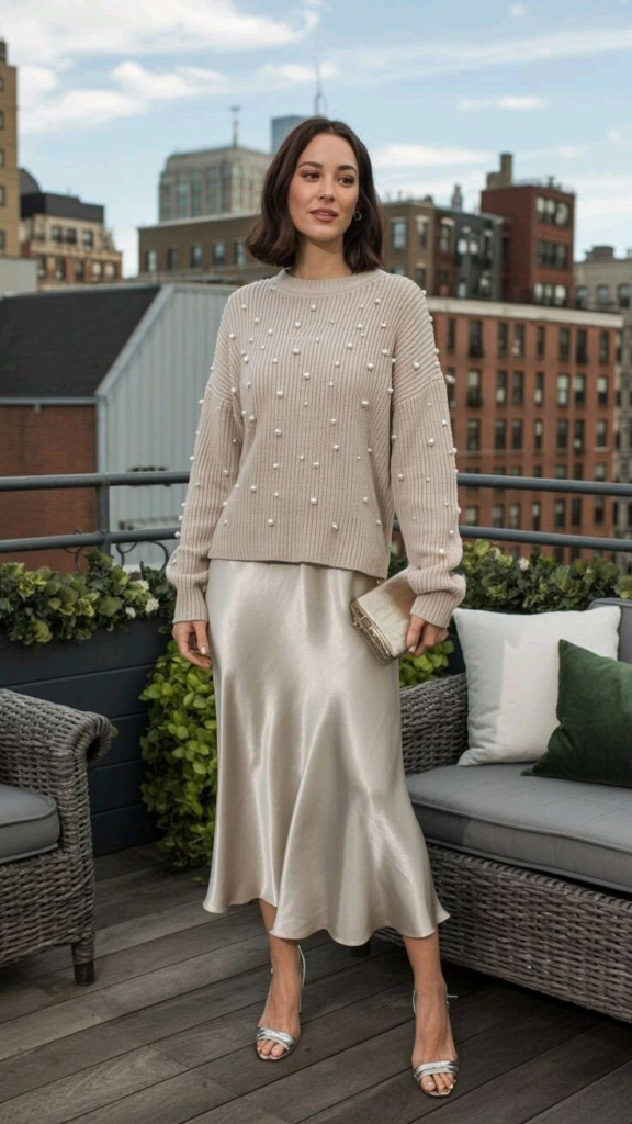 Cream Satin Skirt with Pearl Sweater