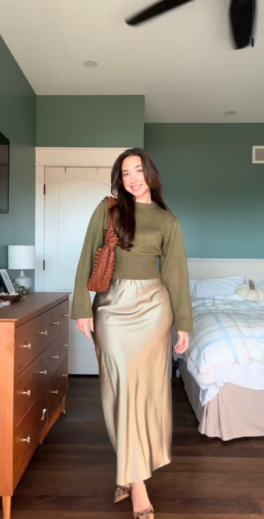 Cream Satin Skirt with Cozy Sweater