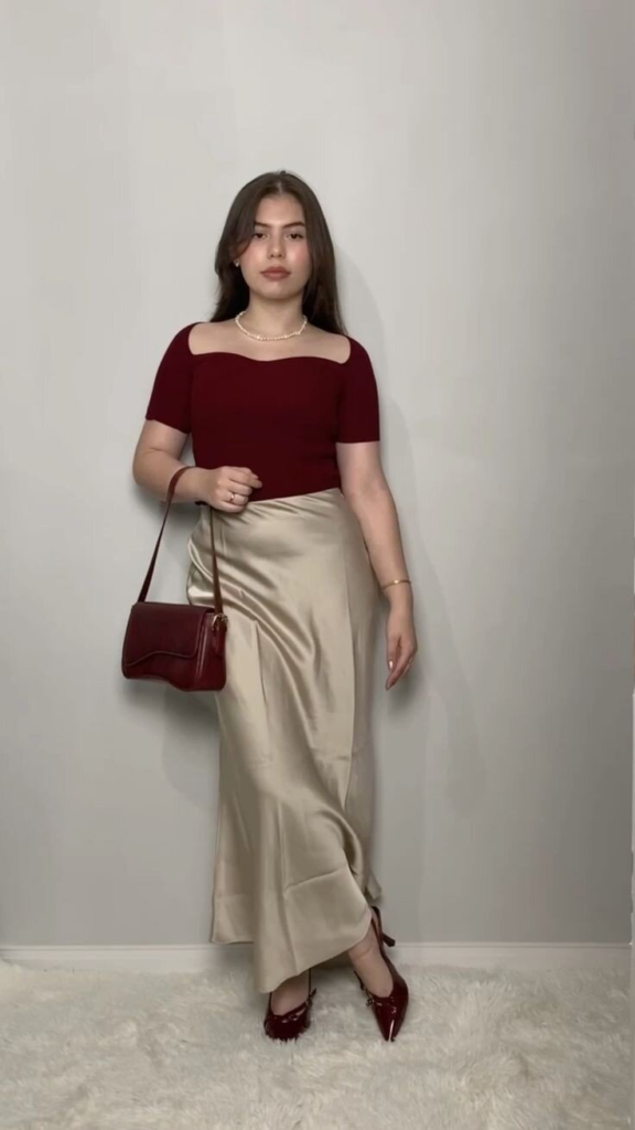 Cream Satin Skirt With Burgundy Accents