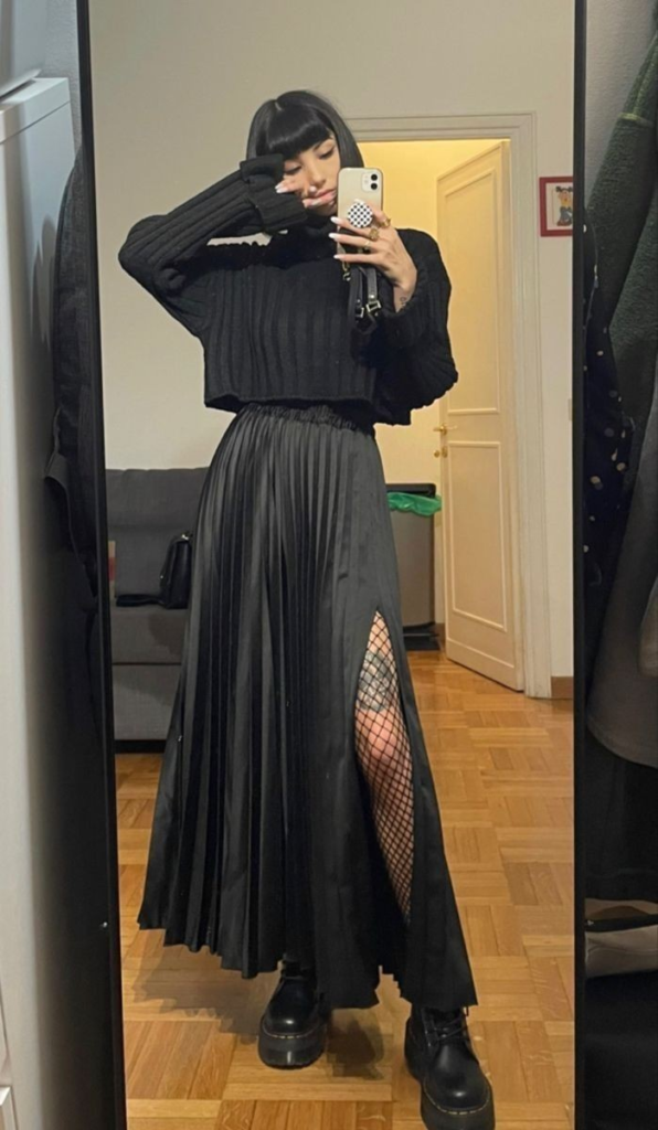 Edgy Black Satin Skirt with Fishnet