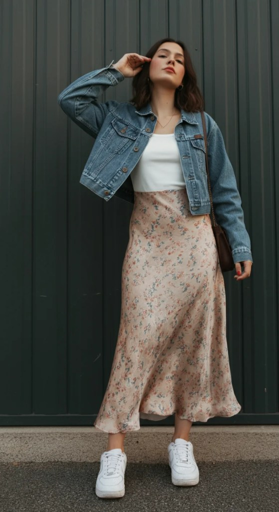 Leather Jacket and Pleated Silk Skirt