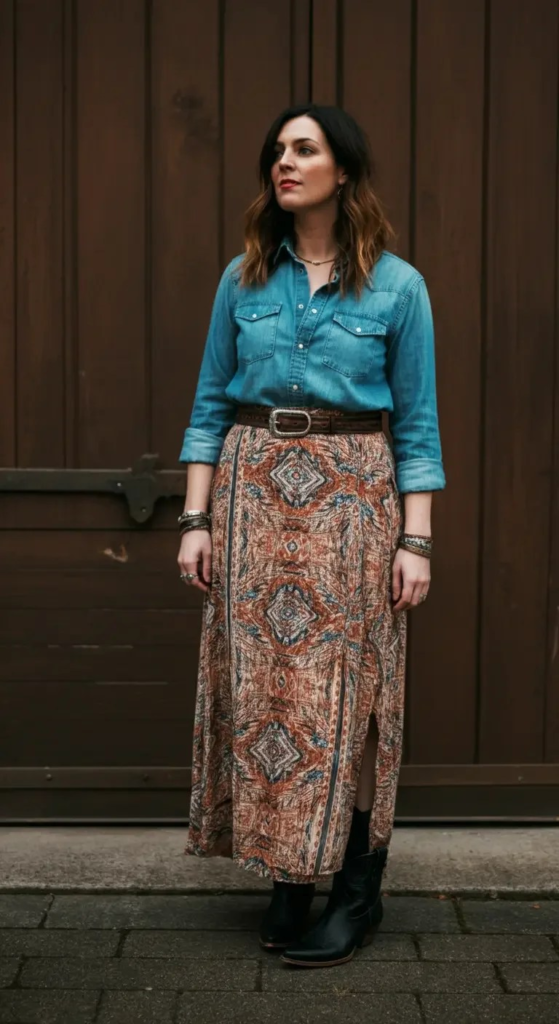 Chambray Top and Printed Maxi Skirt
